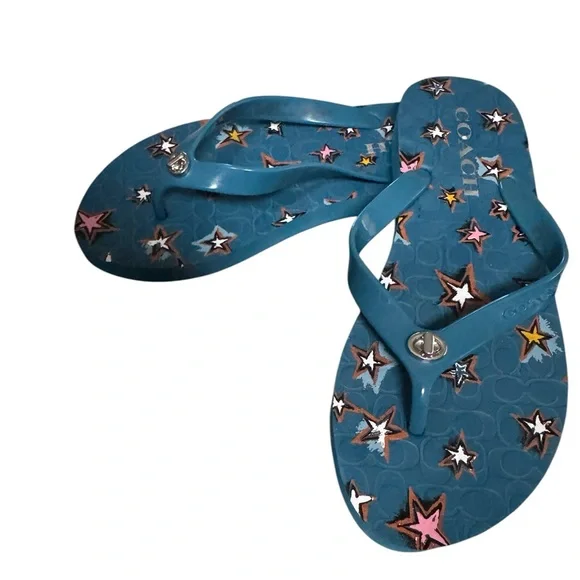 NEW Coach Star-Patterned Blue Flip Flops - Picture 1 of 4